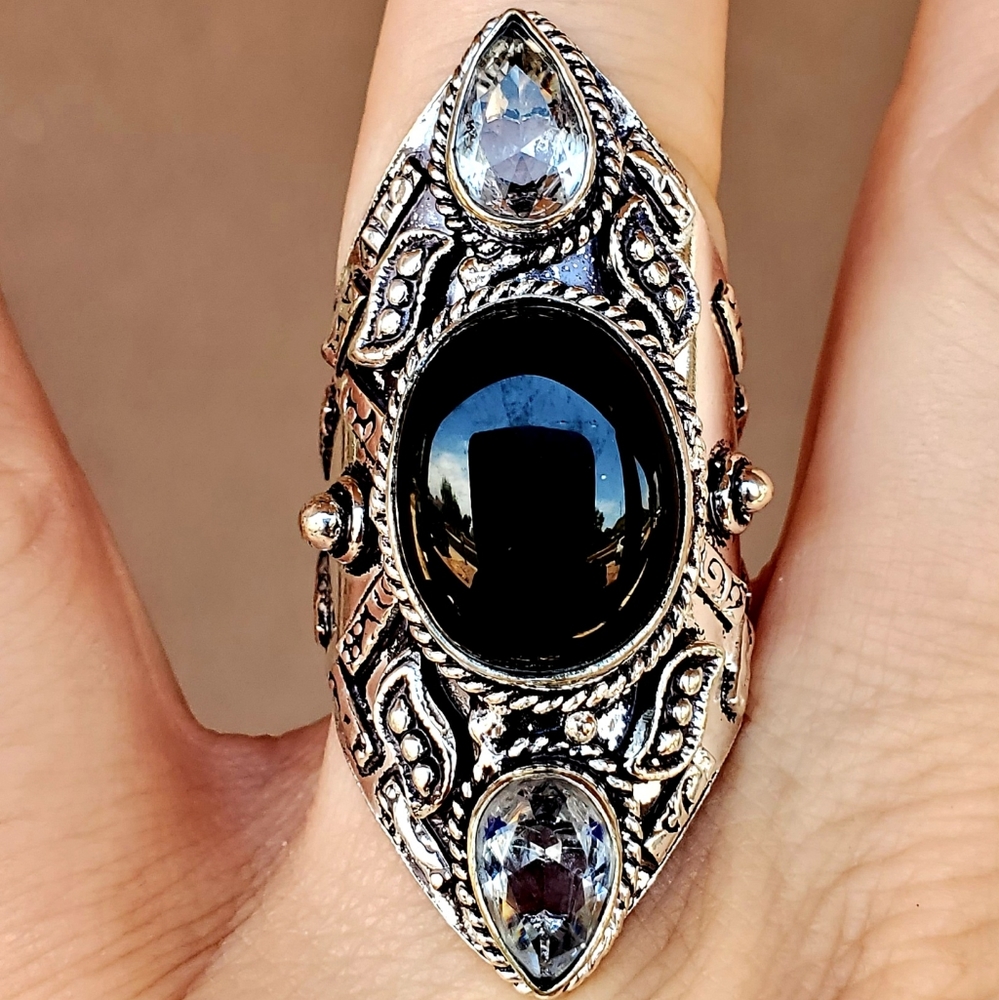 New Black Onyx & White Topaz 925 Silver Statement Ring.